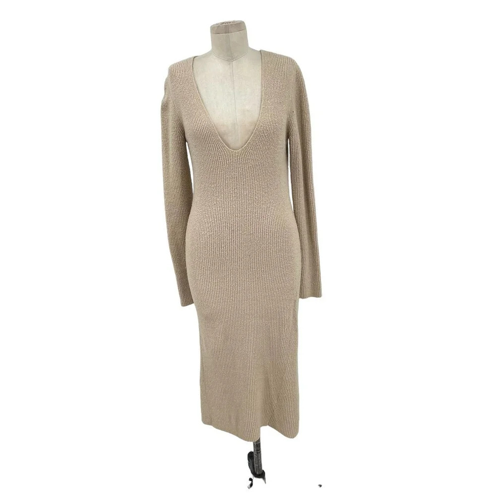 Aritzia Wilfred Camel Tan V-Neck Long Sleeve Sweater Midi Dress Size Small